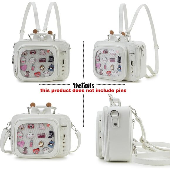 Retro TV Shaped Ita Backpack with Pin Display and Inserts White Crossbody Purse - Picture 7 of 9